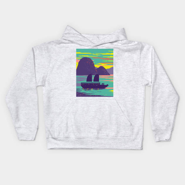 Ha Long Bay or Halong Bay with Junk Boat Vietnam WPA Art Deco Poster Kids Hoodie by patrimonio